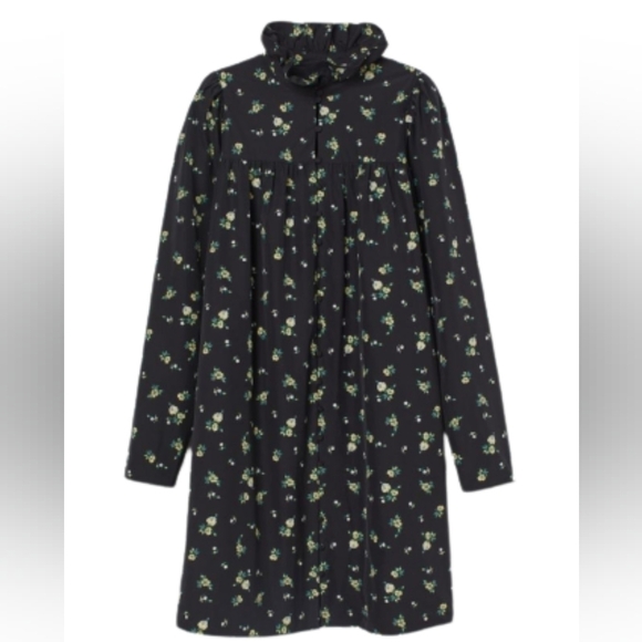 H&M floral long sleeves ruffle collar midi dress color black size medium - Picture 1 of 9